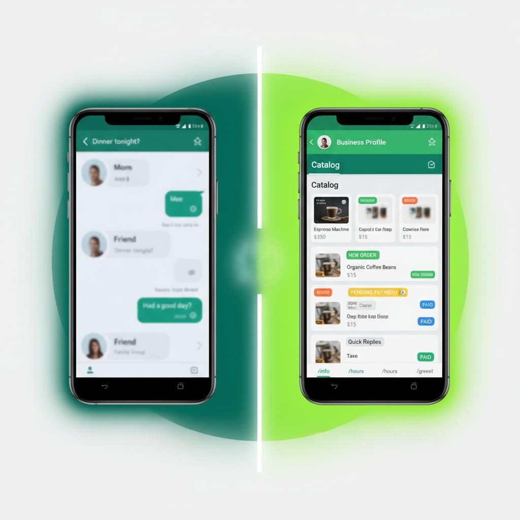 WhatsApp Business vs Normal WhatsApp comparison 2025 on two smartphones showing business profile and personal chat screens