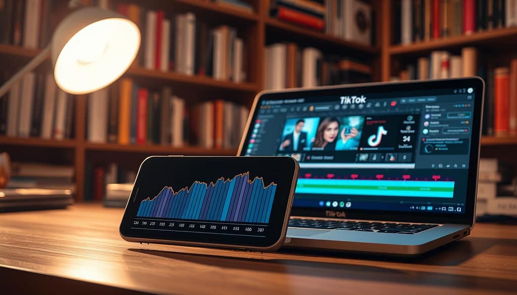 A beautifully lit desktop scene showcasing the optimization of TikTok video length. In the foreground, a smartphone displays a graph with colored lines representing different video durations and their relative performance. The middle ground features a laptop open to video editing software, with a timeline scrubber and various editing tools. The background includes shelves filled with books on social media marketing and digital content creation, casting a warm, academic atmosphere. The overall composition conveys a sense of thoughtful analysis and strategic planning for achieving optimal TikTok video length and format.