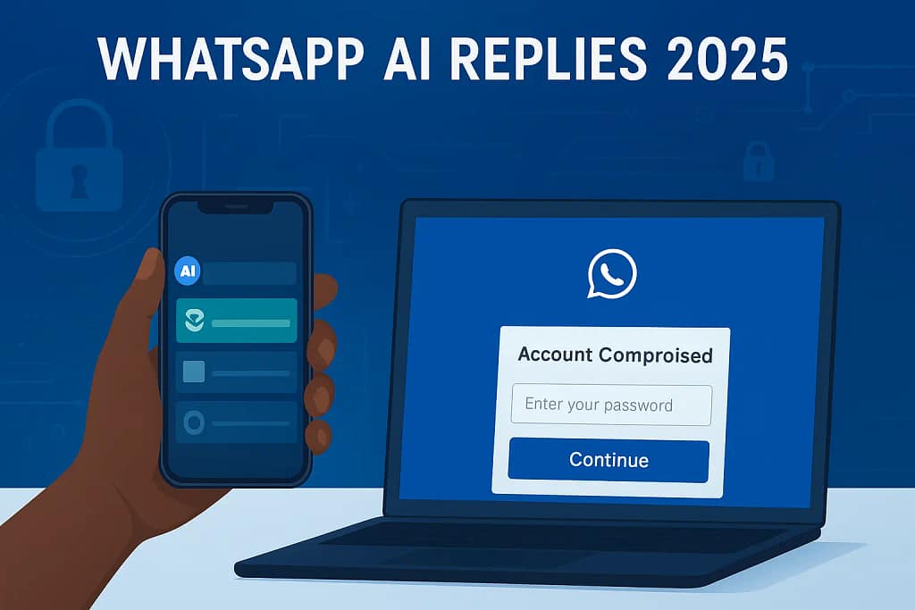 WhatsApp AI replies 2025 feature image showing Meta AI integration on Android and iPhone