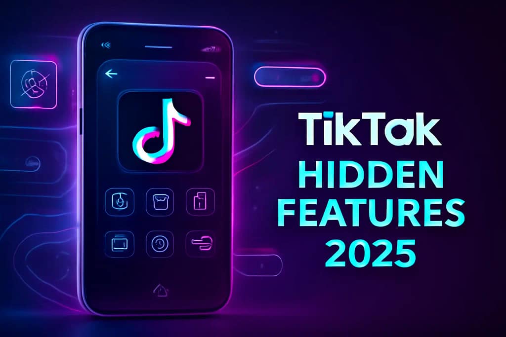 TikTok hidden features 2025 illustration showing smartphone screen with futuristic settings and secret tools