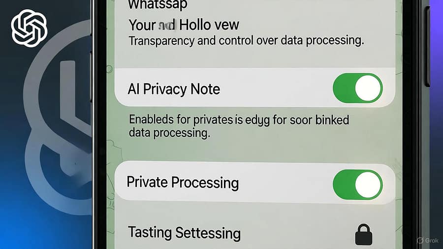 WhatsApp AI privacy note 2025 showing private processing and permissions screen